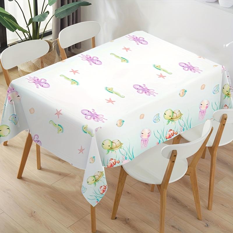 Nappe Rectangle Vie Marine Sous-Marine pour Décoration de Table Réutilisable Bleu Océan Tortue Poulpe Nappe de Table Décoration de Fête d'Anniversaire 140x140cm