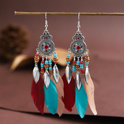 Bohemian Ethnic Lange Tropfen Feder Ohrringe Für Frauen Perlen Handgemachte Emaille Boho Baumeln Ohrringe Silber Farbe Schmuck Pendientes
