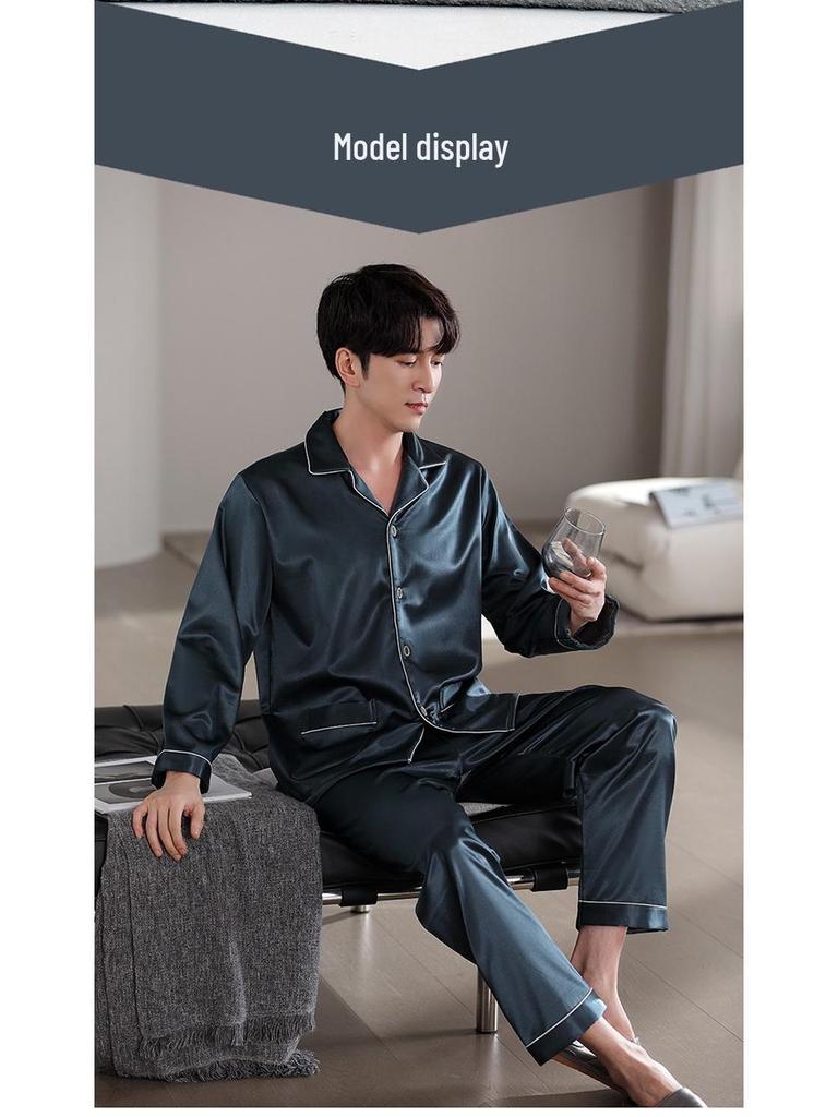 Men's Luxury Fleece-Lined Ice Silk Pajamas: Long Sleeve Satin Set for Fall/Winter, Wear Indoors or Outdoors