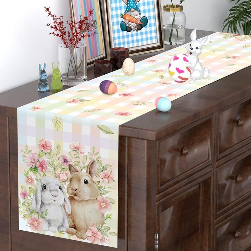 Easter Bunny Table Runner Rabbit Eggs Flower Table Cover Spring Holiday Easter Decorations For Home Kitchen Dining Table Decor