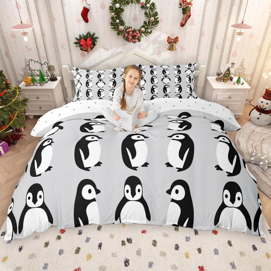 Homewish Cute Penguin Duvet Cover Set For Girls Boys Winter Snowflakes Comforter Cover Set Happy New Year Festival Bed Set