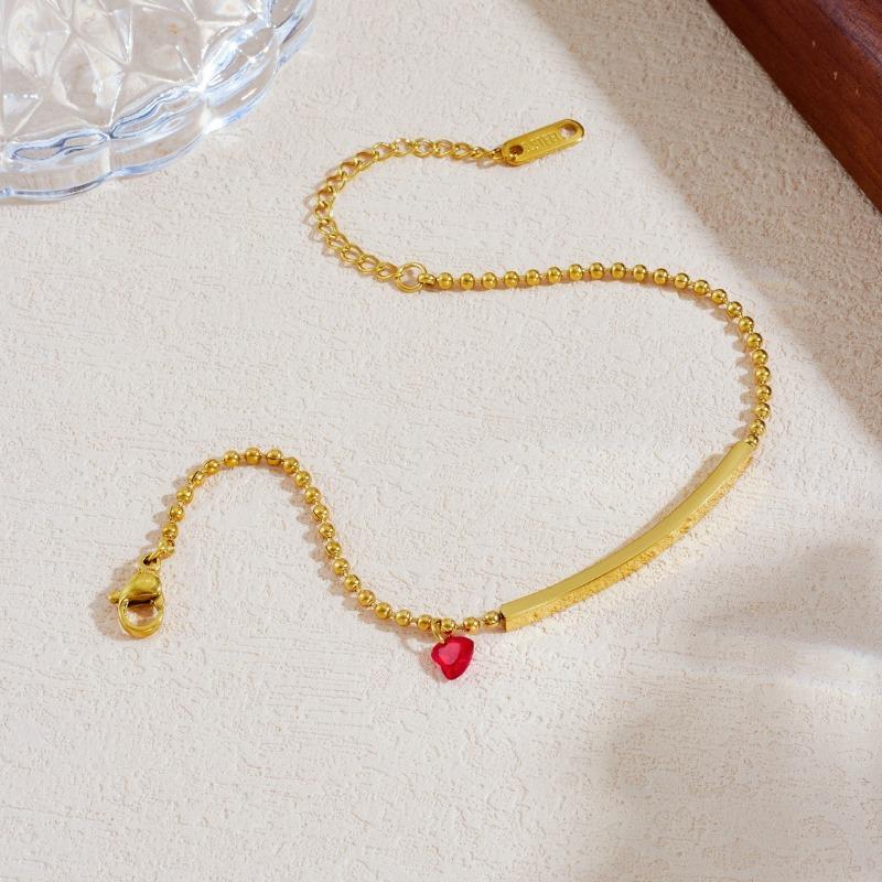 Bracciale a Catena a Palline Placcato Oro con Barra e Cuore Rosso in Zirconia Cubica