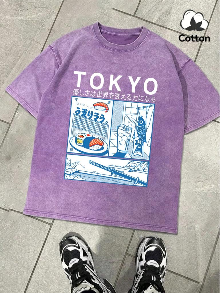 Fresh Sushi In Tokyo Printing Washed TShirt MenS Cotton Oversize T Shirts Basic ONeck Distressed Tops Summer Male Clothes