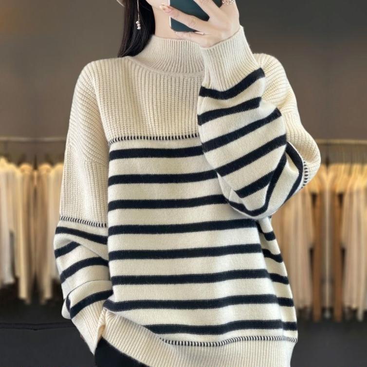 

Женский шерстяной свитер с круглым вырезом, осенне-зимний, толстый, полосатый вязаный свитер, свободный, удобный вязаный шерстяной свитер 2XL бежевый