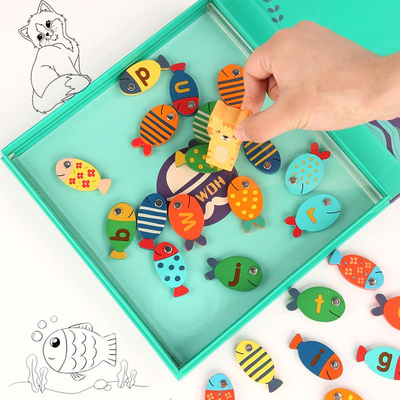 Kids Montessori Toy Wooden Magnetic Fishing Game Fine Motor Skill Counting Catch ABC Alphabet Fish Cognitive Toys Spelling Games