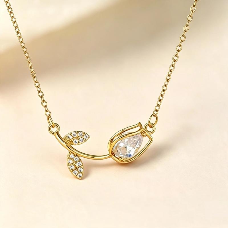 Elegant Stainless Steel Tulip Necklace Glittering Colorful Crystal Charm Jewelry for Women Engagement Event Wear