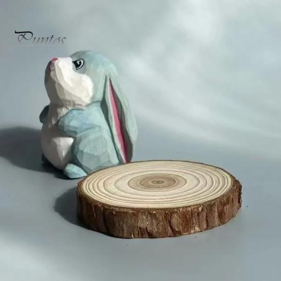 Office Desk Aesthetic Accessories Hand-Carved Lop-Eared Bunny Ornament, Cute Animal Figurine, Natural Wood Carving Art Small Decorative Statue