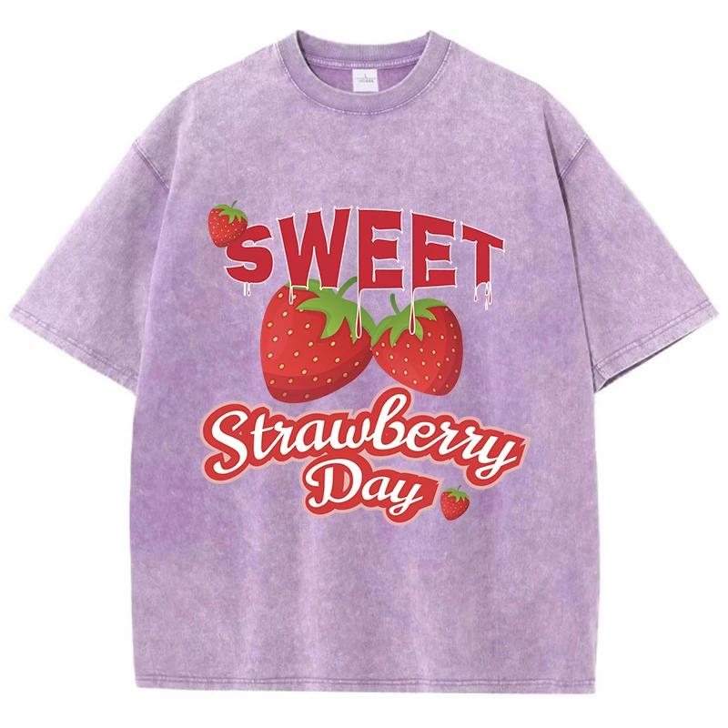 Fashion Womans Washed T-Shirts Sweet Strawberriy Day Printing Tee Shirts Cotton Oversize Crewneck Tees Street Female Clothes S разноцветный