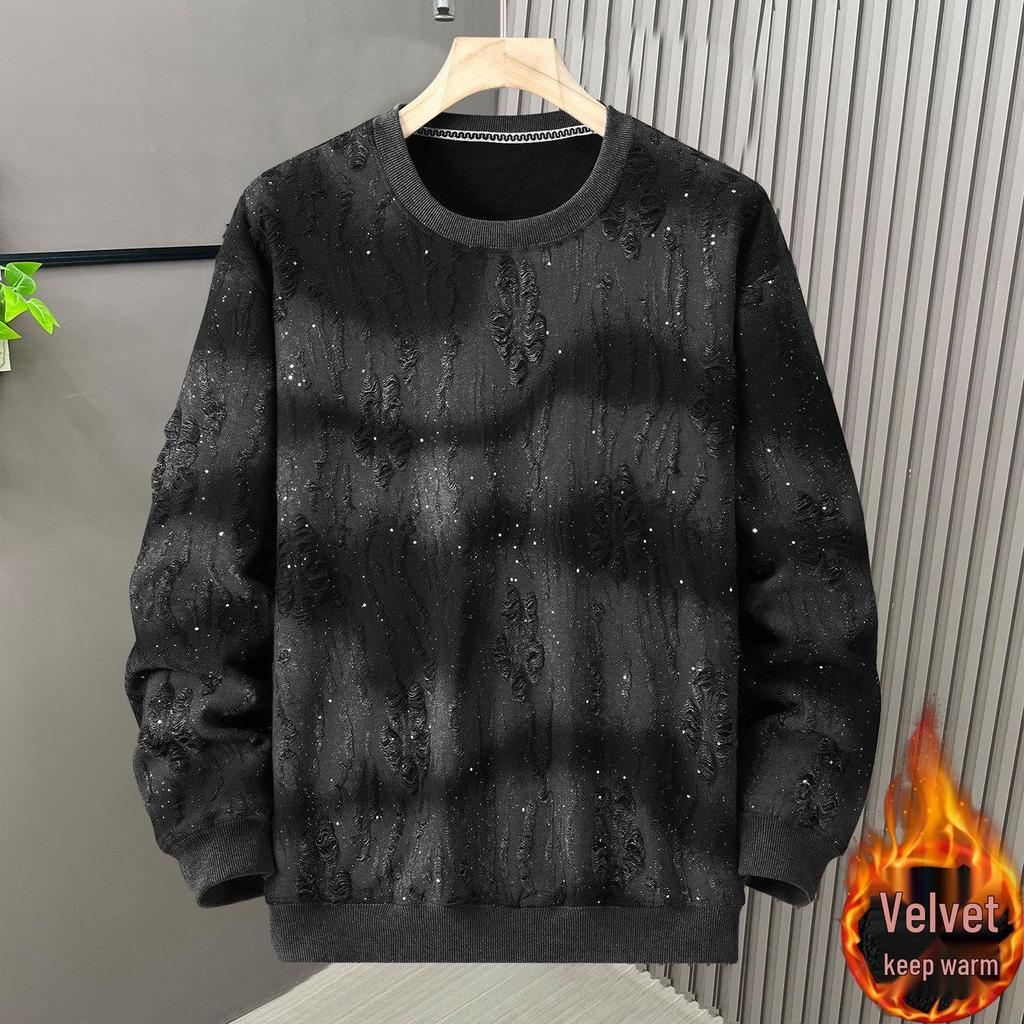 Men's 2026 Winter Rhinestone Ripped Hoodie - Trendy, Versatile, Long Sleeve, Plus Velvet