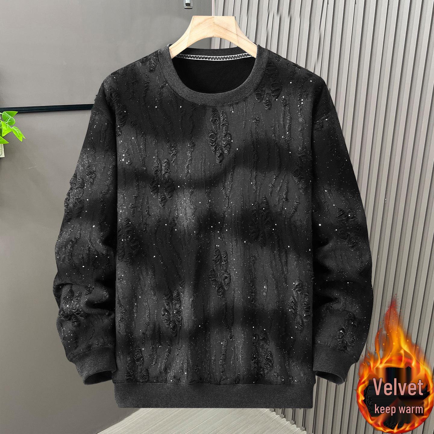 Men s 2026 Winter Rhinestone Ripped Hoodie - Trendy, Versatile, Long Sleeve, Plus Velvet 10XL (331-360 lbs)