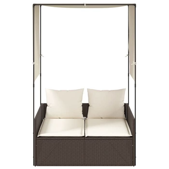 VidaXL Chaise longue double avec toit et rideaux marron résine tressée, transat, lit de jour d'extérieur, lit de jour de 4002756