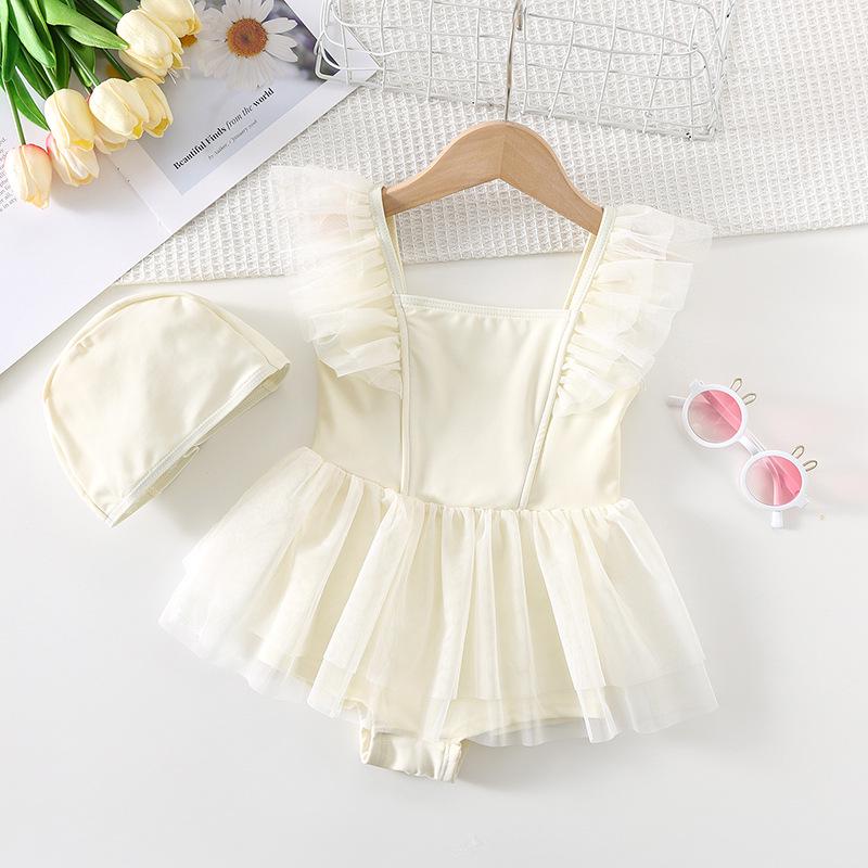 Costume da Bagno Intero Principessa Bianco di Alta Qualità per Bambina con Gonna in Rete 2026 - Perfetto per le Vacanze al Mare