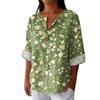 Women's Fashionable Casual V-neck Button Seven Quarter Sleeve Printed Cotton And Linen Top