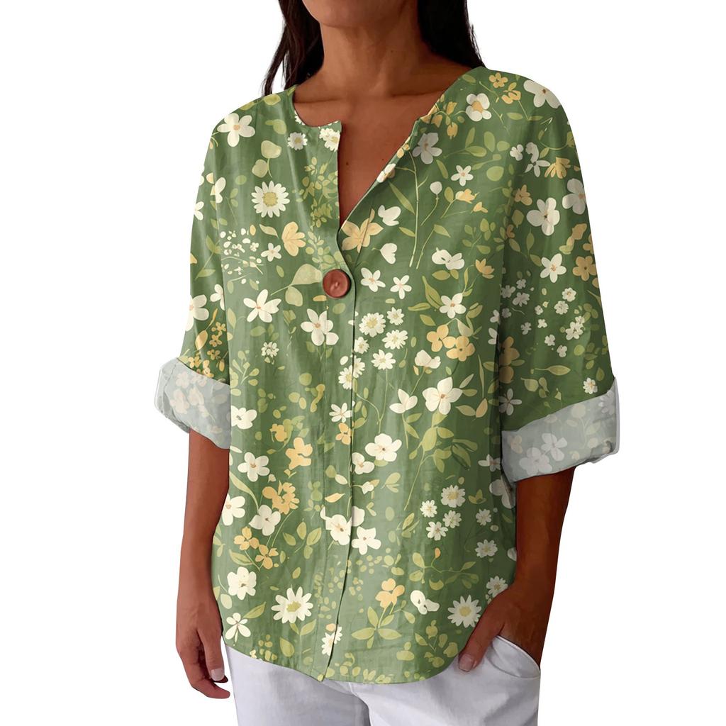 Women's Fashionable Casual V-neck Button Seven Quarter Sleeve Printed Cotton And Linen Top