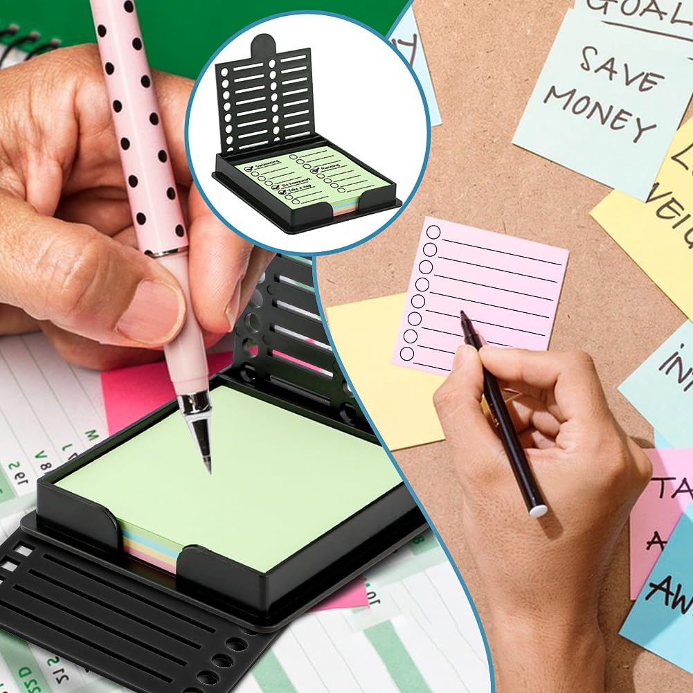 Sticky Note Holder with 5 Different Stencil, 3x3 Sticky Note Stencil Dispenser for Desk, Reble Memo Pad Organizer with Five Line Box Drawing Template