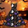 Womens Halloween Spider Web Pumpkin Print Off Shoulder Punk Vintage Dress Double Strap Sleeveless Flared Skirt Party Dress