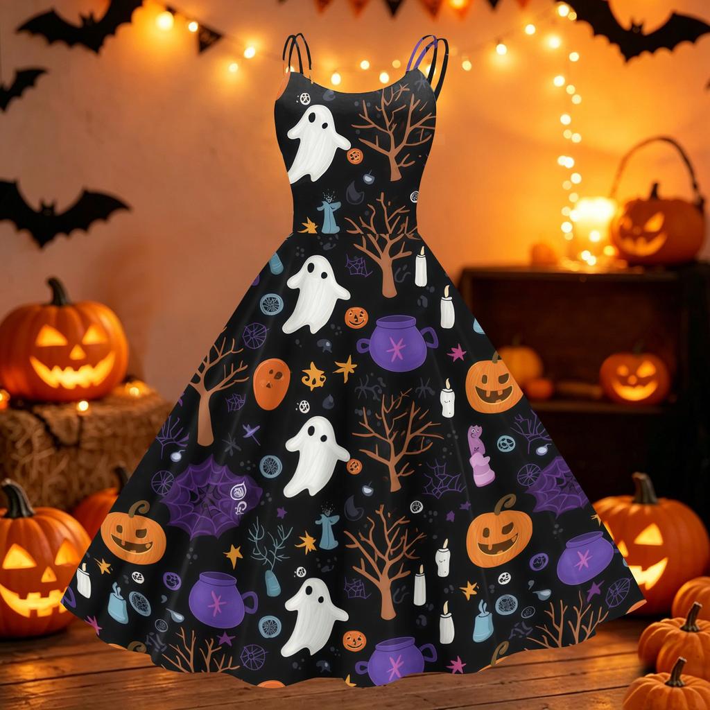 Womens Halloween Spider Web Pumpkin Print Off Shoulder Punk Vintage Dress Double Strap Sleeveless Flared Skirt Party Dress