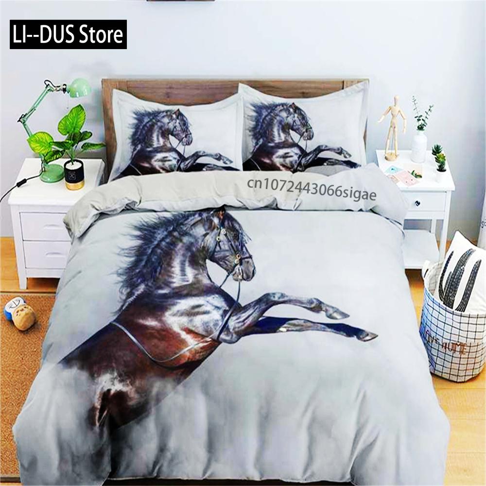 3D Hästtryck Påslakan Djur Sängkläder Set Enkel Dubbel Queen King Size För Barn Män Svart Mjukt Täcke Örngott