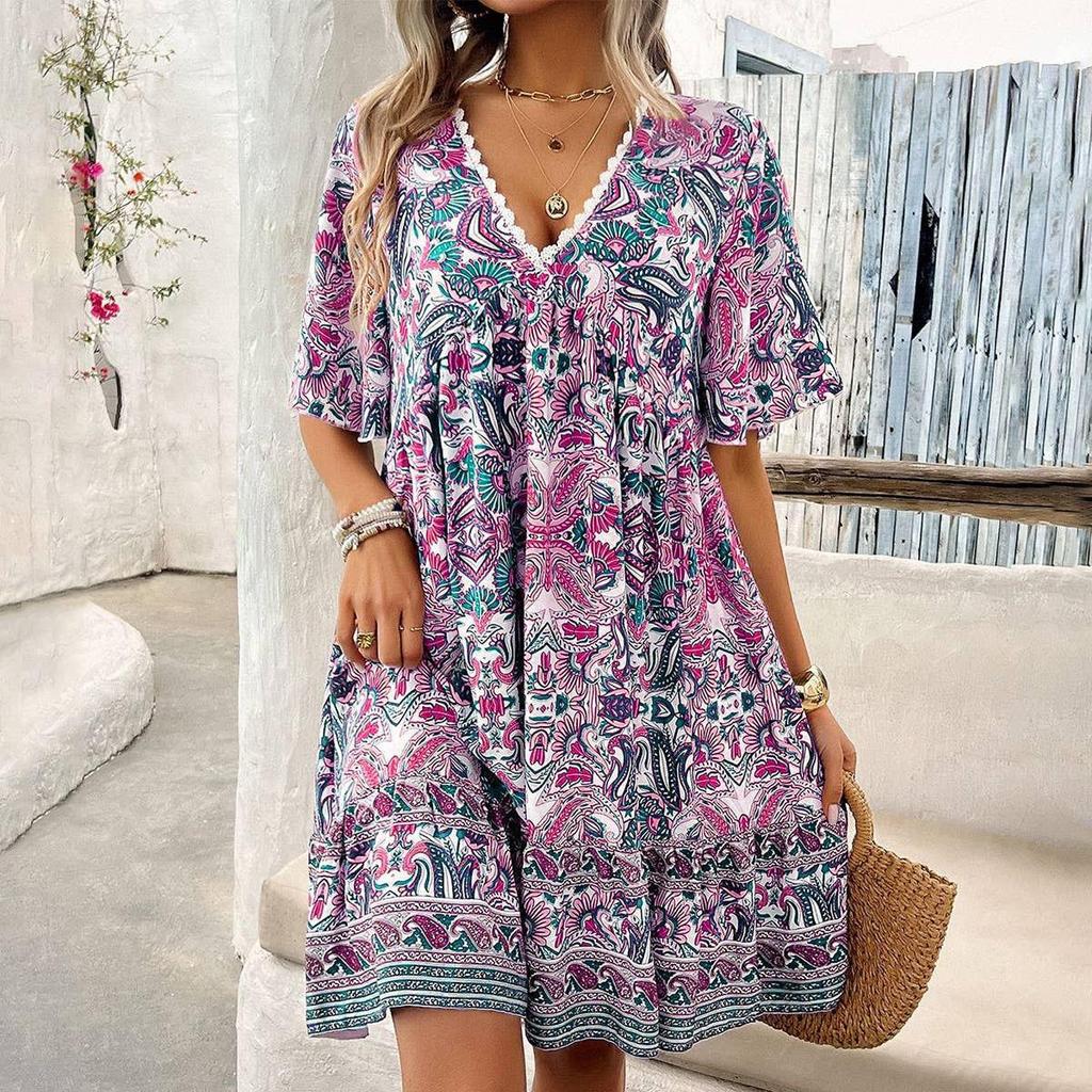 Spring 2026 Elegant Lace V-Neck Printed Dress
