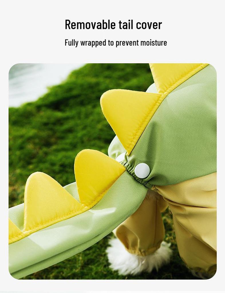 Four-Legged Dinosaur Dog Raincoat with 3D Tail – Waterproof for Medium & Large Breeds