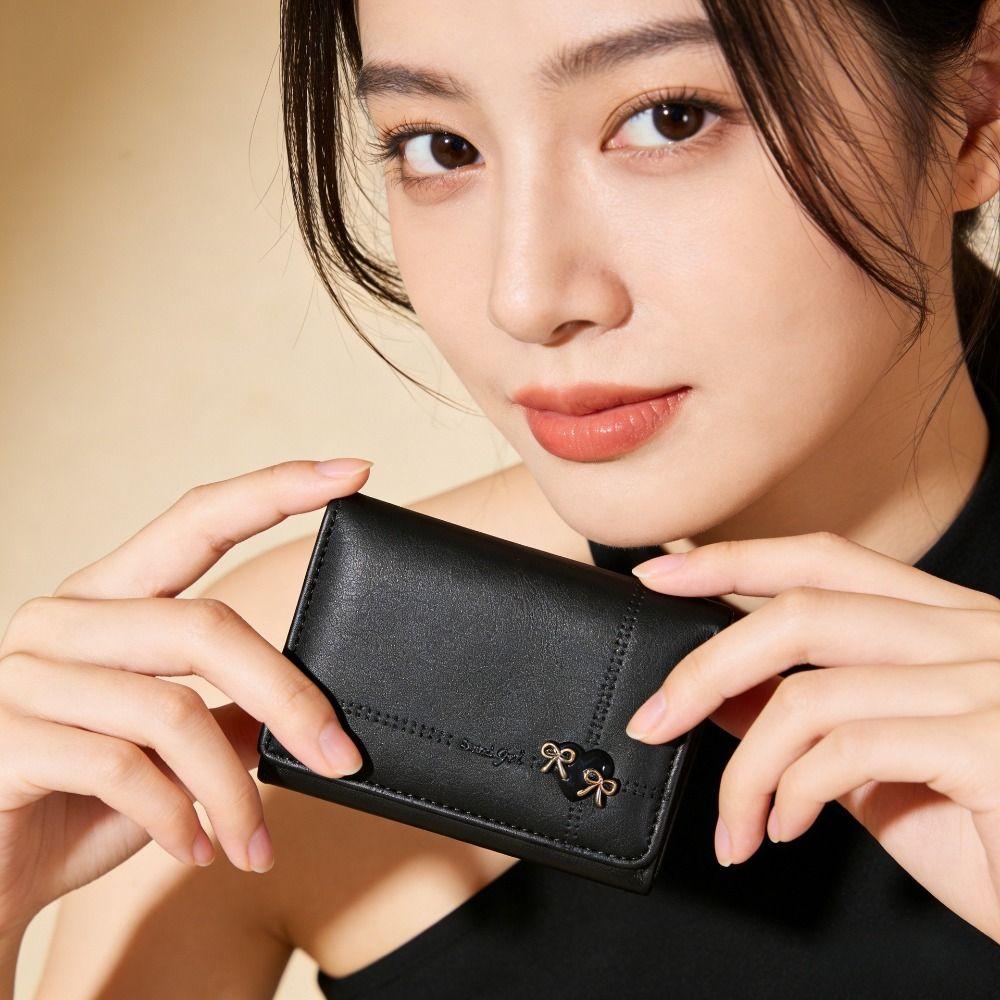Heart-Shaped Bow Design Tri-fold Short Wallet Foldable Multiple Card Slots Money Bag Multipurpose PU Leather Credit Card Holder