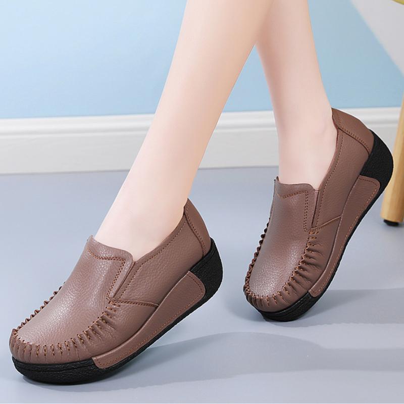 Genuine Leather Women Working Shoes Fashion Wedge Heels Platform Shoes Non-slip Loafers Casual Walking Shoes