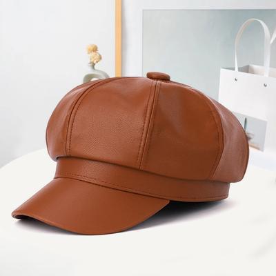 Women Beret Vintage Style Solid Color Faux Leather British Style Octagonal Hat Short