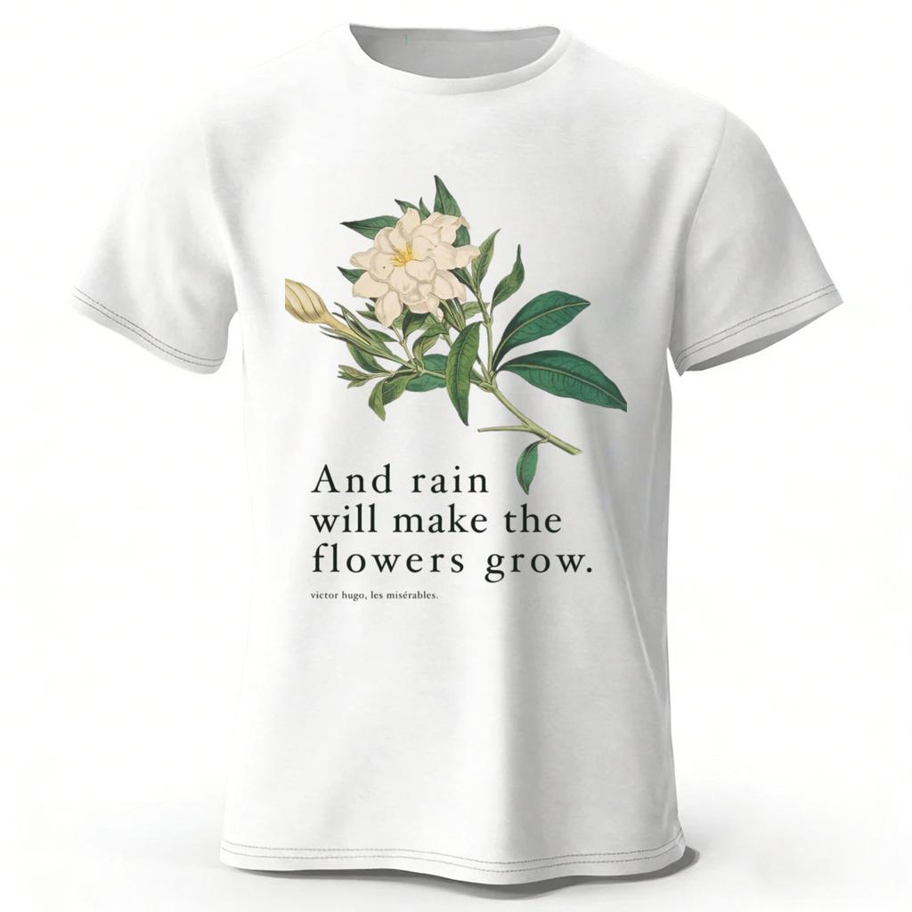 Retro-Stil Blumen und Regen Reines Baumwoll-T-Shirt für Herren Mode Lässig Übergröße Locker Kurzärmlig Weiches Oberteil