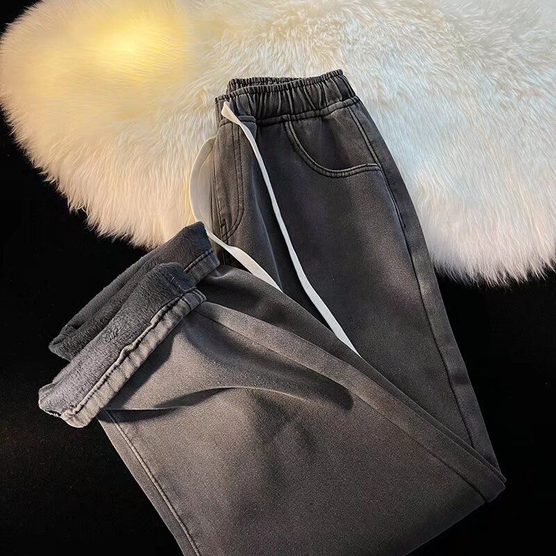 Kış Kalınlaştırılmış Kot Pantolon Geniş Paça Kot Pantolon Erkek Düz Elastik Bel Kadife Yüksek Sokak Vintage Genç Günlük Kot Pantolon