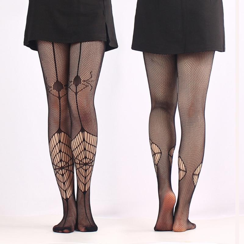 Women Gothic Hollowed Fishnet Pantyhose Tights Halloween Spider Web Jacquard Thigh High Stockings Cosplay Leggings