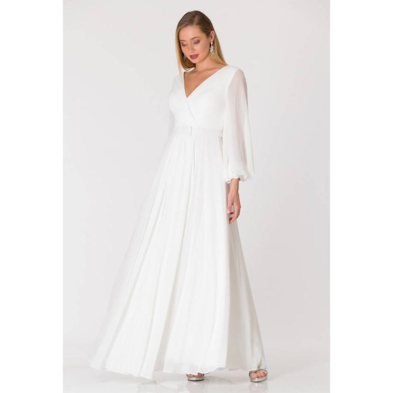 

Женское двубортное расклешенное шифоновое вечернее платье с воротником цвета экрю