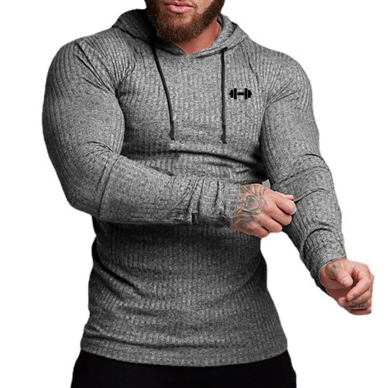 Muscleguys Spring Autumn Mens Running Hooded T-shirts Thin Ribbed Knitted Sports Sweaters Classic Strip Slim Gym Fitness Pullover T Shirts