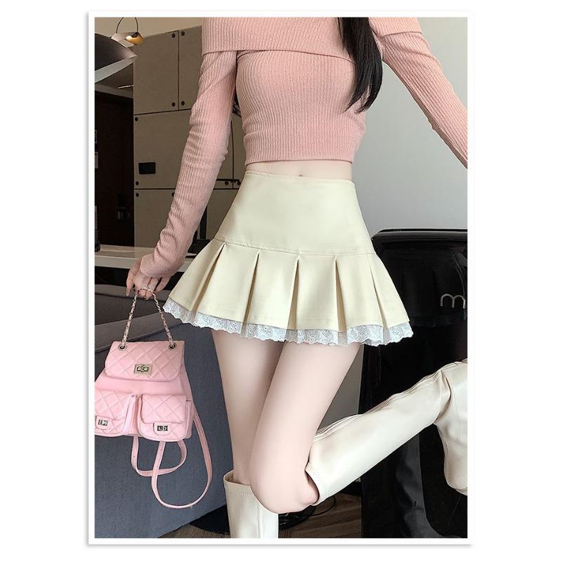 Hot Girl Leather Pleated Lace Skirt Autumn and Winter High Waist Versatile Hip-covering A-line Skirt Pants