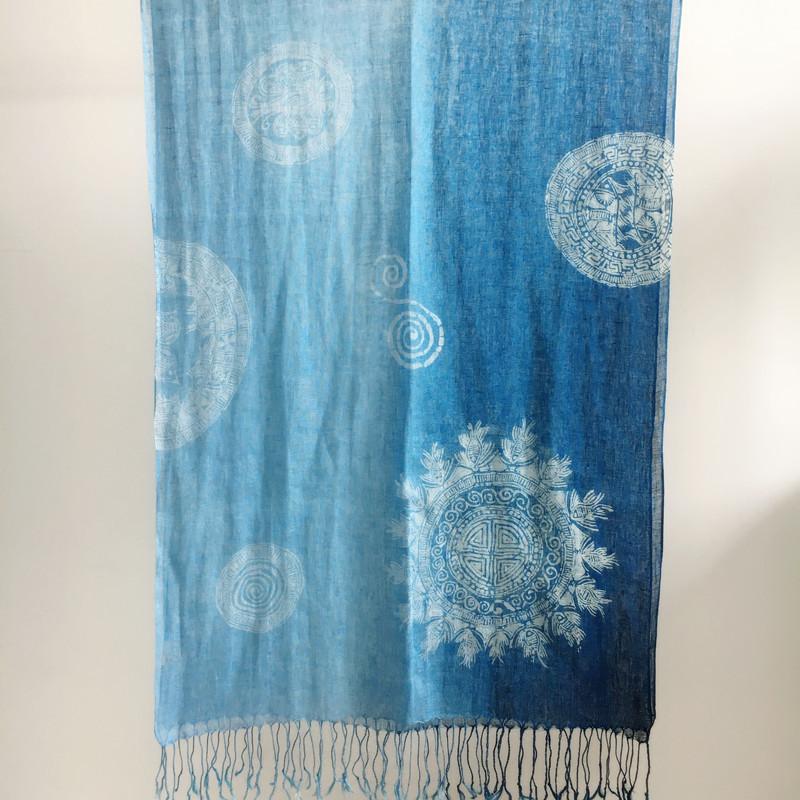 Printing Gradual Change Color Linen Batik Scarf Blue Versatile Ethnic Style Retro Silk Scarf Thin Light Breathable Yarn