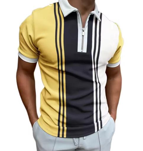 Men's short-sleeved polo shirt Casual business shirt with striped zipper Fashion 2025 summer new zipper polo shirt