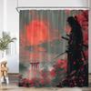 Warrior Samurai Shower Curtain Japan Shrine Red Full Moon Cherry Blossom Bathtub Decor Polyester Bath Curtain With Hook