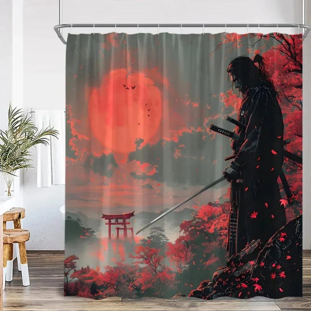 Warrior Samurai Shower Curtain Japan Shrine Red Full Moon Cherry Blossom Bathtub Decor Polyester Bath Curtain With Hook