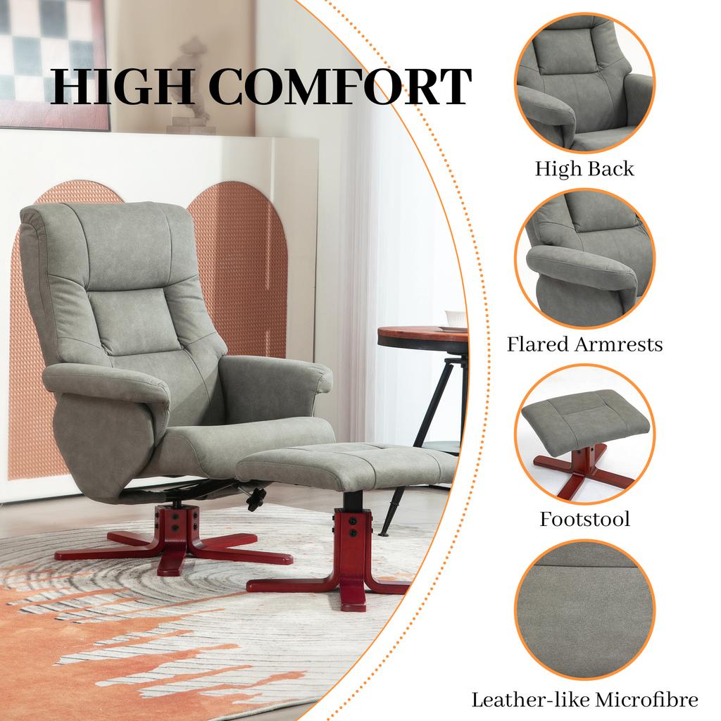 Faux Microfibre Leather Manual Recliner and Footstool Set - Grey