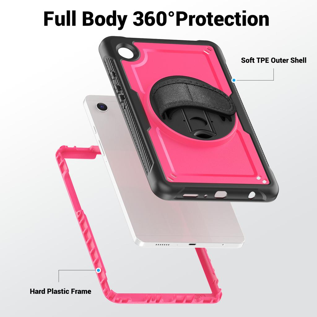 Do Samsunga Galaxy Tab A9 (SM-X110/X115/X117) Etui Obrotowa Podpórka PC+TPE Wstrząsoodporne Etui na Tablet z Paskiem na Rękę