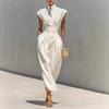 Women's Stand Collar Sleeveless Midi Dress Slim Fit Casual Summer Linen Style Dress