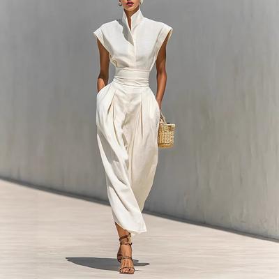 Vestido Midi sin Mangas con Cuello Alto para Mujer, Ajustado, Casual de Verano, Estilo Lino