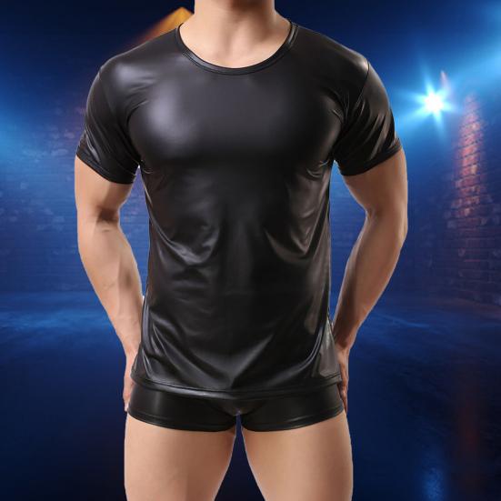 Męski T-shirt z krótkim rękawem Elastyczny Podkoszulek ze sztucznej skóry T-shirt Muscle na imprezę