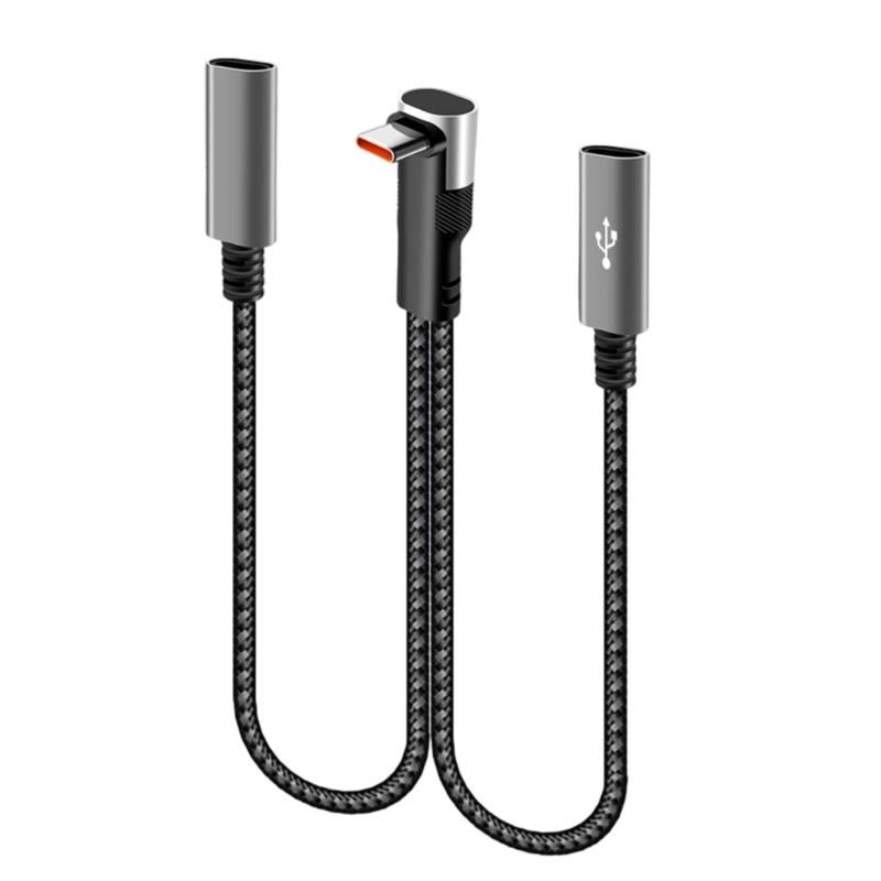 Right Angle Type C Splitter Charging Cable 25cm Double USB Port 66W Fast Charge Nylon Braided Cord For Phone Laptop Accessories