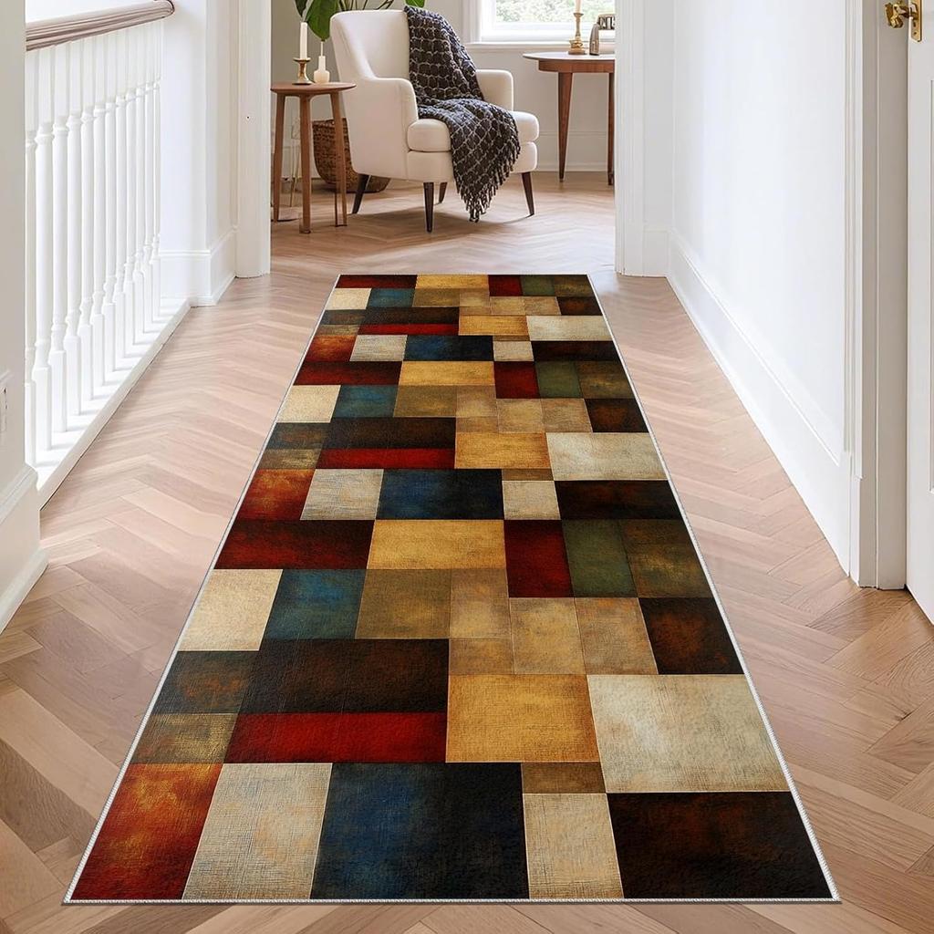 Geometric Color Block Runner Rug Modern Minimalist Artistic Home Decor Carpet Non-Slip Hallway Living Room Bedroom Decor Mat