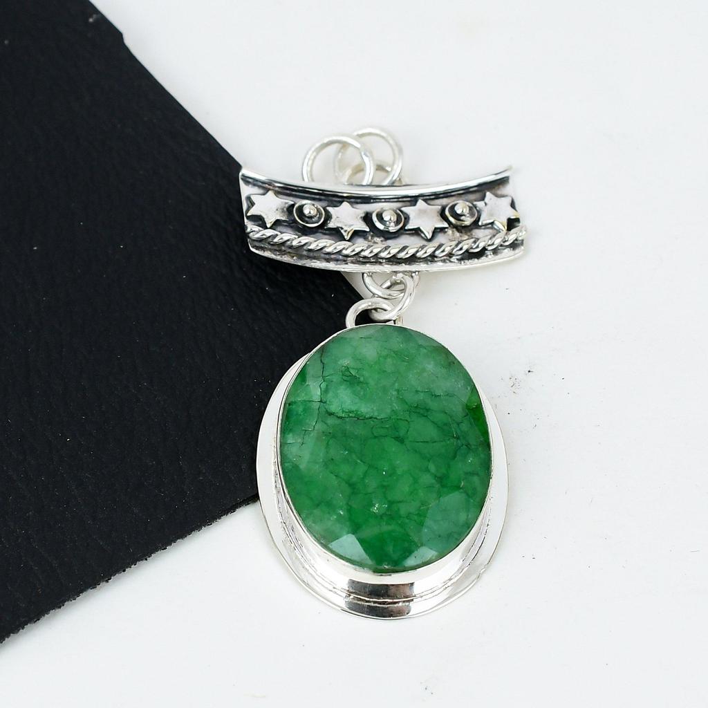 Natural Emerald Gemstone Silver Pendant In 925 Sterling Silver- Handmade Design, Everyday Wear Jewelry, Unique Emerald Pendant Wadding GIft
