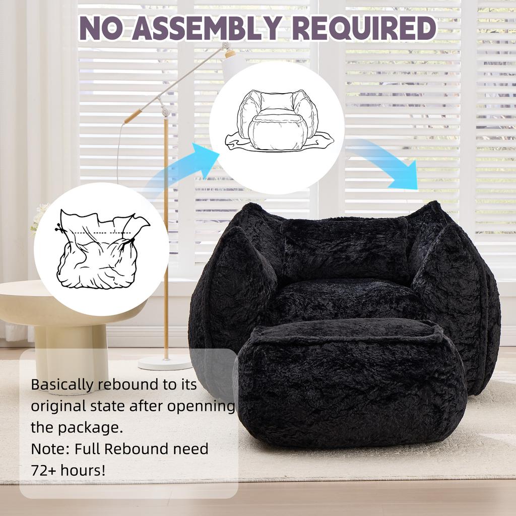 Giant Bean Bag Chair for Adults &Kids Faux Fur Sofa Chairs with Pillow &Ottoman, Comfy Reading & Gaming Beanbag Couch for Bedroom Living Room, Black