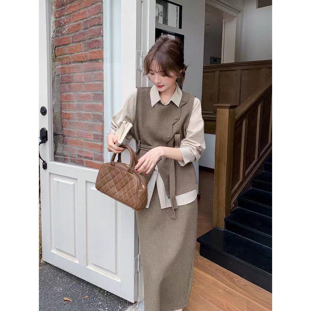 2025 Spring/Fall Women's Fashion Set: High-End Vest, Long Sleeve Shirt & High Waist Slimming Midi Skirt