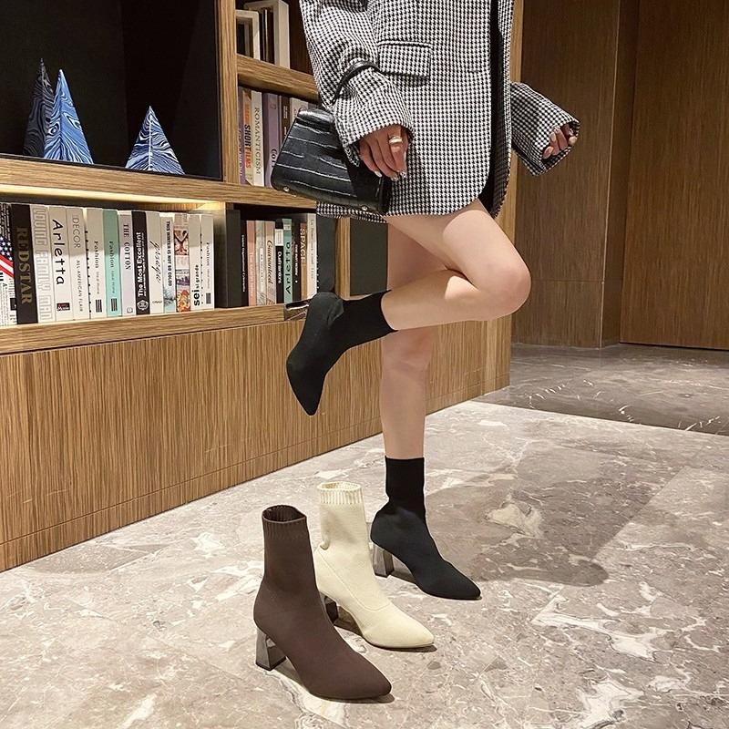 Fashion Stretch Knit Breathable Booties Women Spring and Autumn Pointed Toe Versatile Block Heel High Heel Skinny Boots