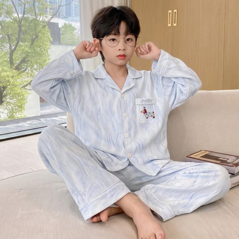 Boys Cotton Pajama Set Long Sleeve Hoodie Sleepwear Kids Teens 2026 Soft Cloud Home Wear