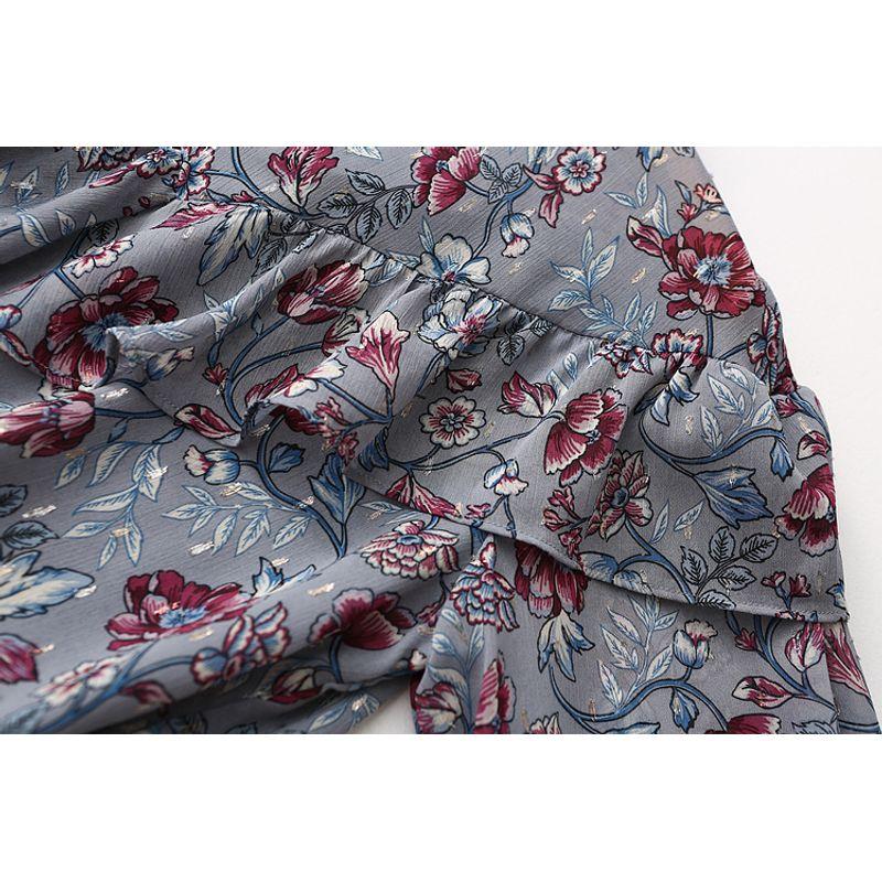 Export Export Tail Order Graceful Stand Collar Print Ruffles Double Layer Chiffon Shirt Women's Long Sleeve Tops Spring and Summer Women's Clothing